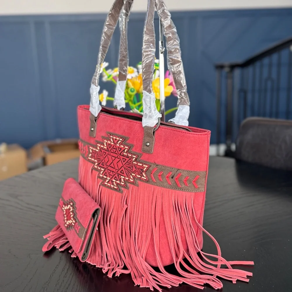 Trinity Ranch Aztec Tooled Fringe Concealed Carry Tote + Wallet Burgundy